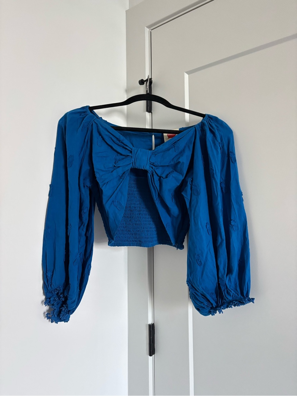 FARM Rio Royal Blue Off-Shoulder Bow Front Crop Top